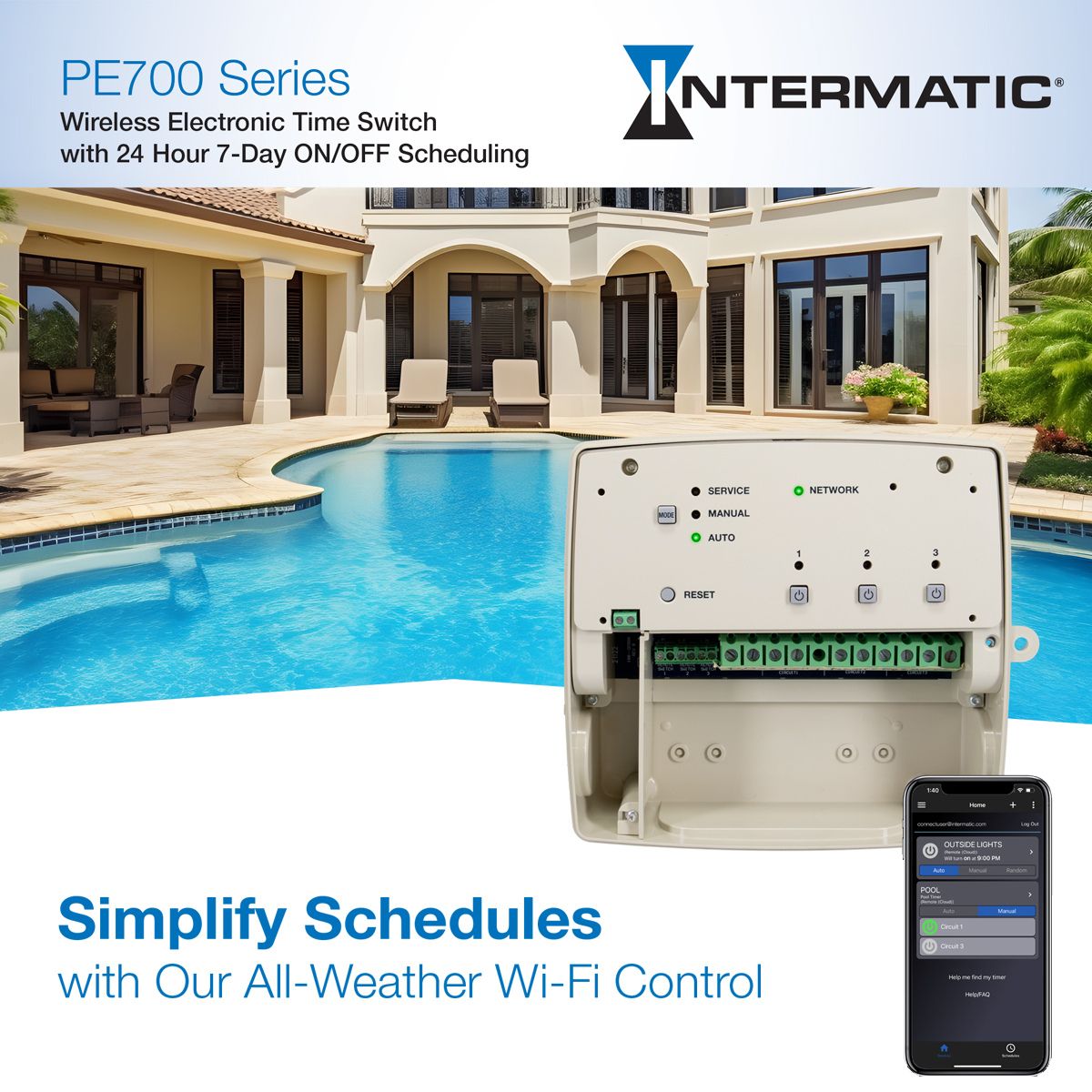 WiFi Pool Controller 120-277 VAC 3 Circuit 2-SPDT/1DPDT with SPDT - PE733P