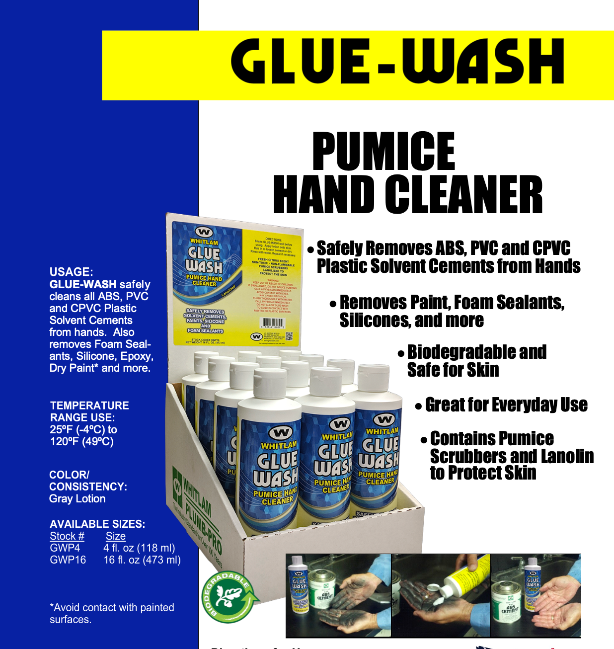 JC Whitlam Glue Wash Solvent Weld Cement Hand Cleaner - GWP16