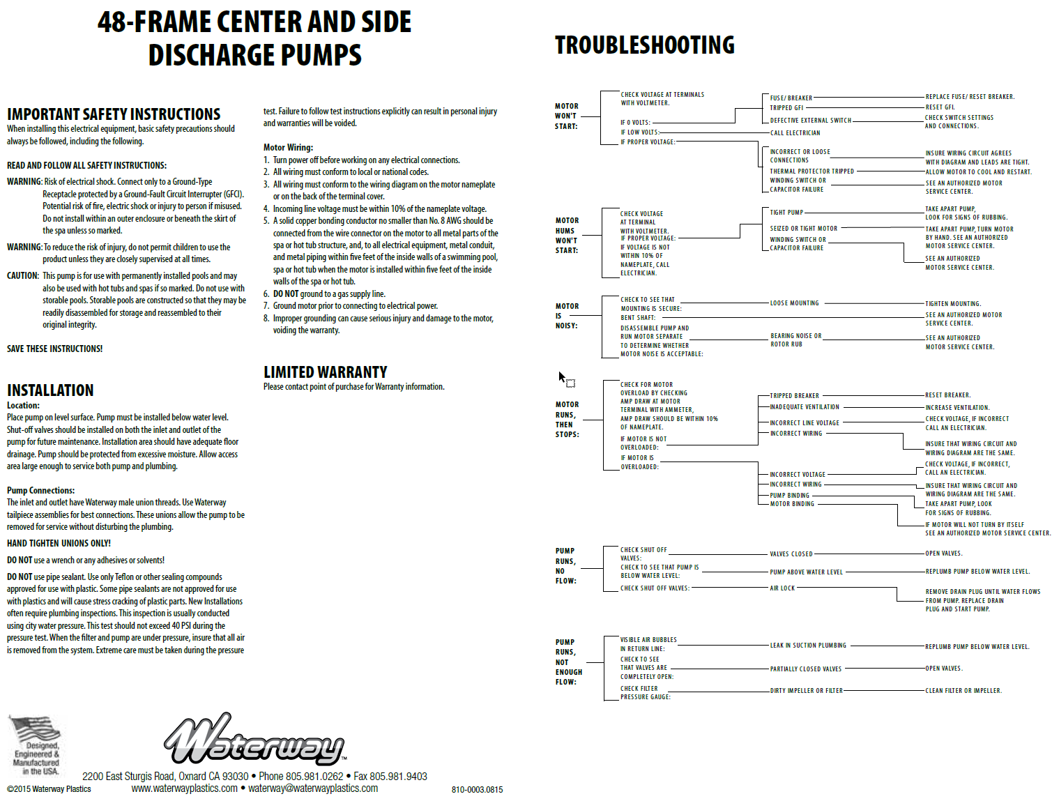 Waterway 1 HP 115V Hi-Flo II Hor AG Pump W3'Nema - PH1100-6R Installation Manual