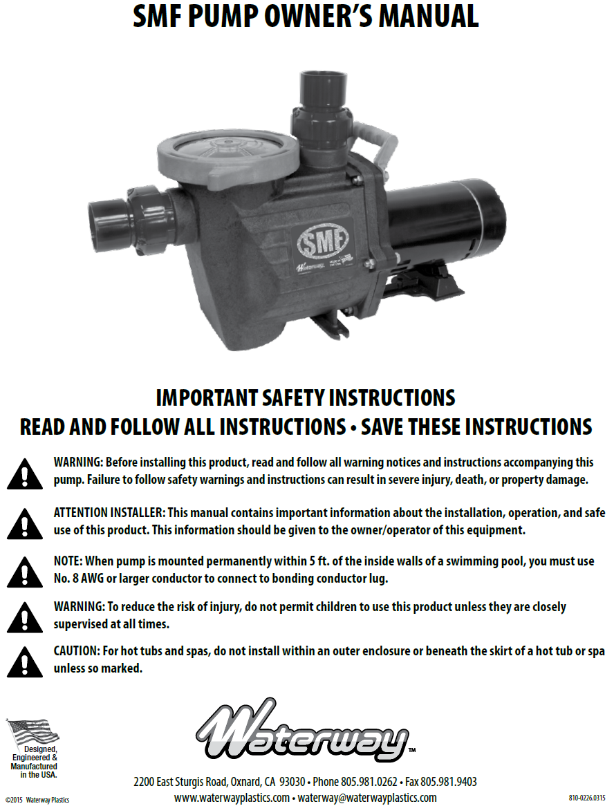 Waterway 2 HP 115 208-230V SMF In-Ground Pool Pump - SMF-120 Owner's Manual