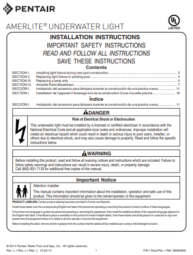 Pentair Amerlite Underwater Incandescent Light PDF Installation Manual - PDF Installation Guide - PENTAIR WATER POOL AND SPA INC - The Pool Supply Warehouse