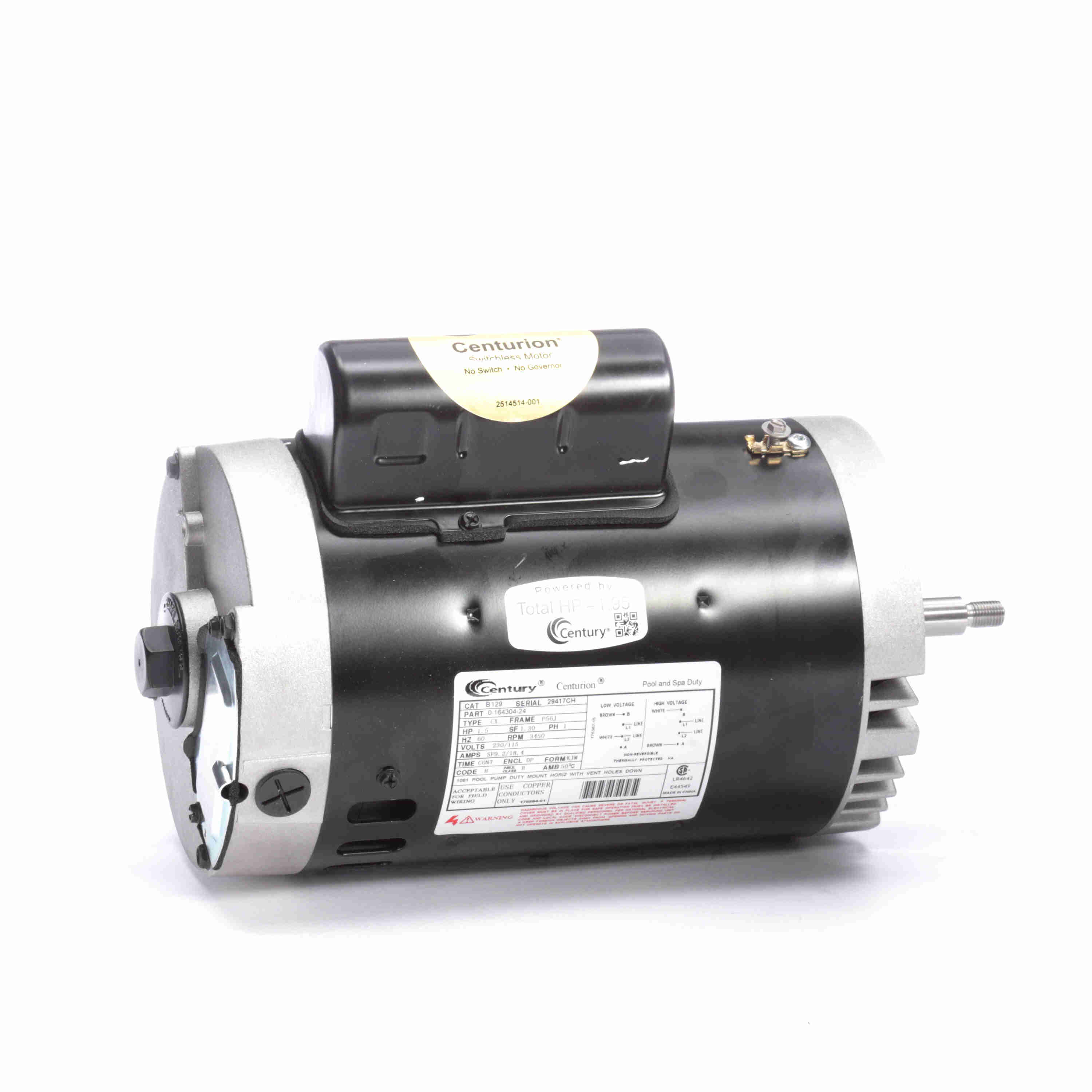 Century 1.5 HP Pool Pump Motor, 1 phase, 3600 RPM, 230/115 V, 56J Frame, ODP - B129