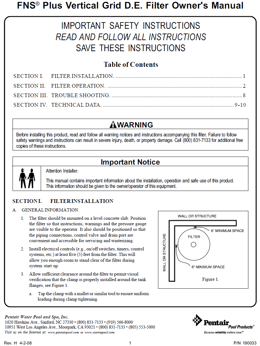 FNS Plus DE Filter 60 SQF - 180009 Owner's Manual