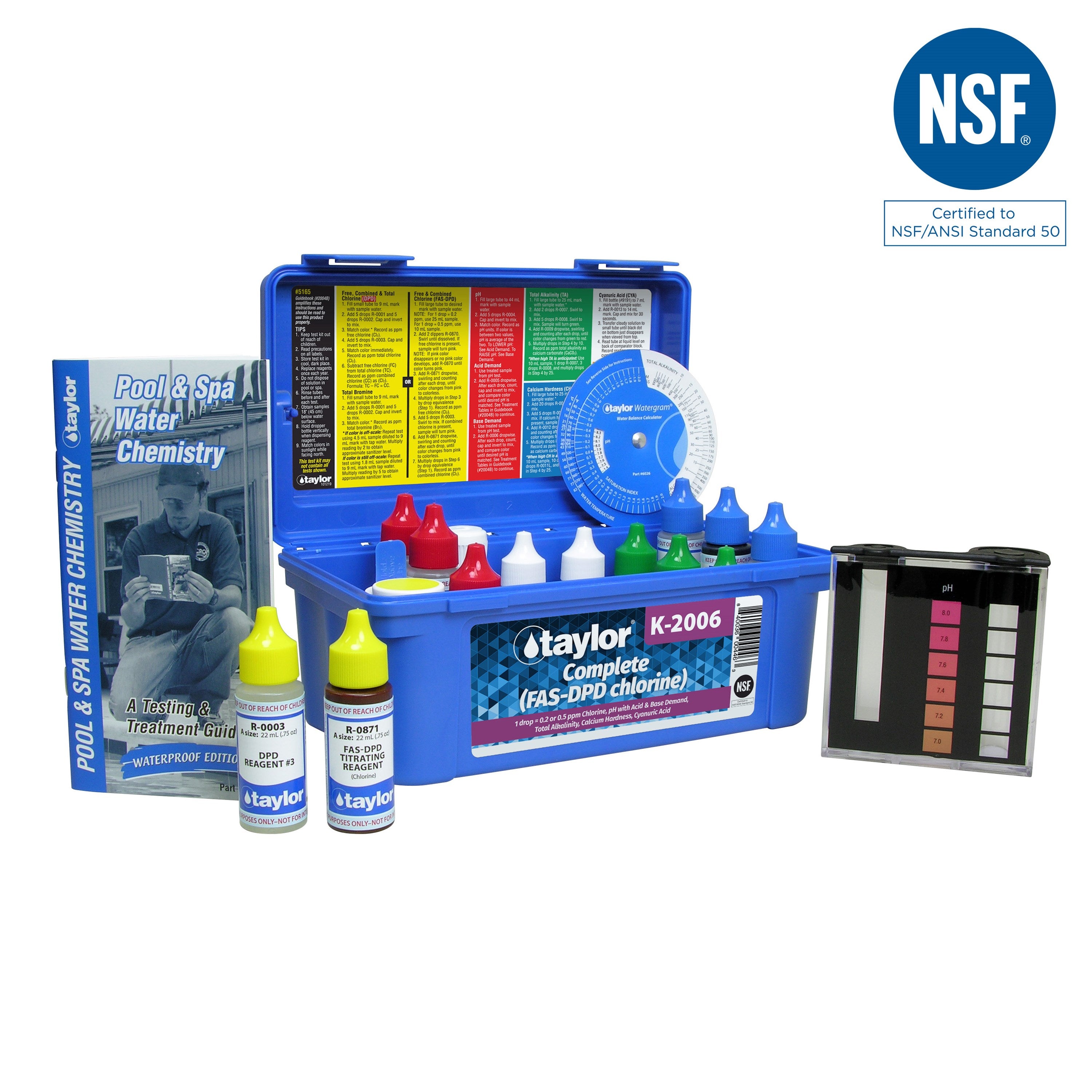 K-2006 Complete kit for Chlorine, pH, Alkalinity, Hardness, CYA (FAS-DPD–high range) (.75 oz bottles)-The Pool Supply Warehouse