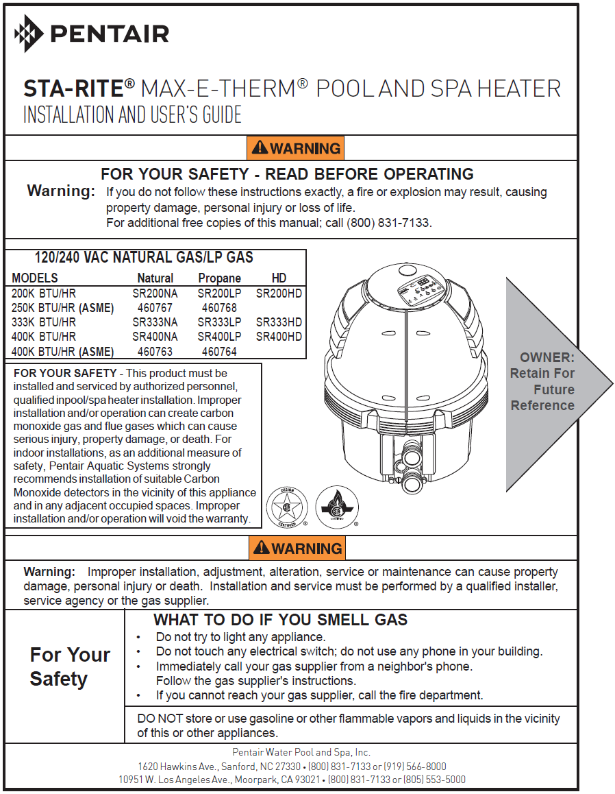 MaxETherm High Performance Pool and Spa Heater Installation Manual