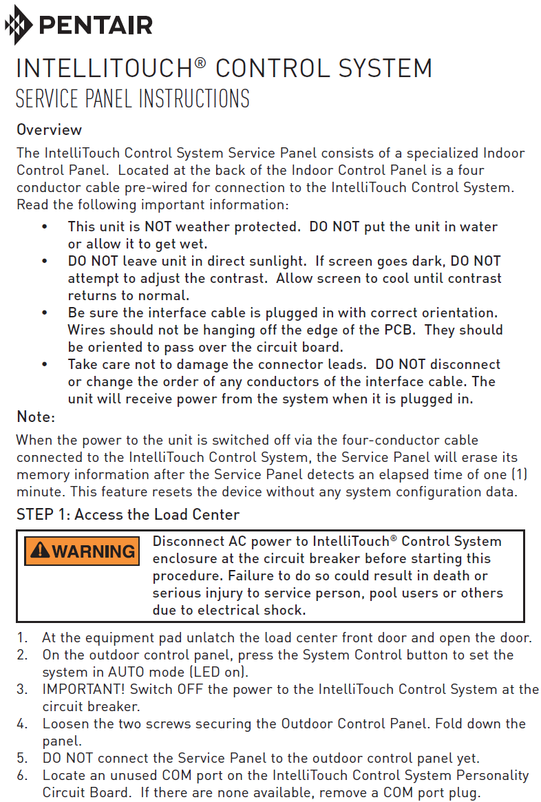 Pentair Compool IntelliTouch Indoor Control Panel - 520138 Installation Manual