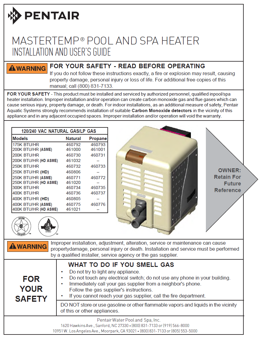 Pentair MasterTemp Heater Installation Manual