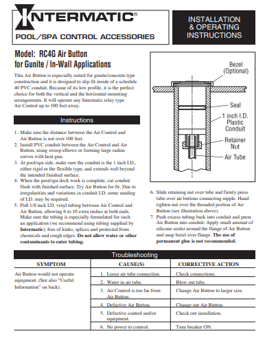 RC4G Air Button PDF Installation Guide - PDF Installation Guide - INTERMATIC INC - The Pool Supply Warehouse