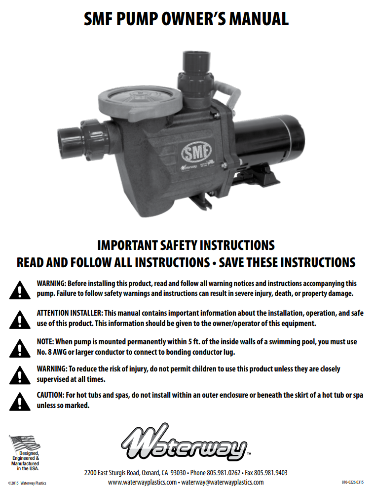 Waterway SMF Pump Owners Manual