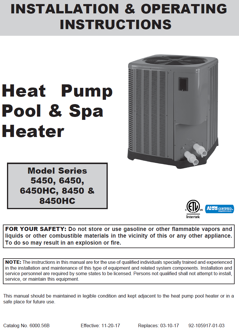 Pentair 103K 208/230V 1PH M5450 TI-E Digital Heat Pump Installation Manual