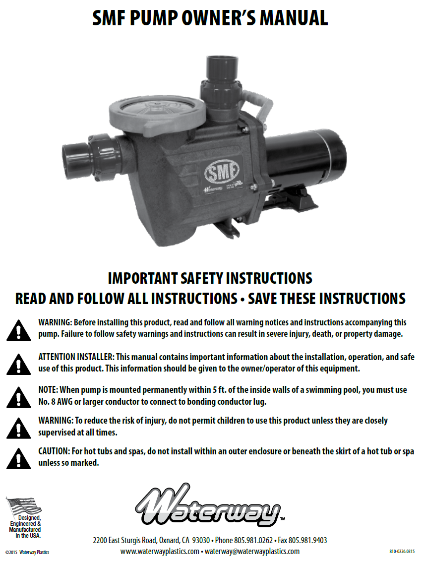 Waterway 1 HP 115/208-230V SMF In-Ground Pool Pump - SMF-110 Owners Manual