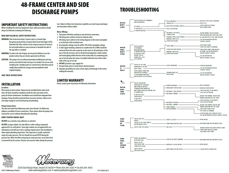 Waterway 1 HP 115V Hi-Flo II Hor AG Pump W3'Nema - PH1100-6R Installation Manual