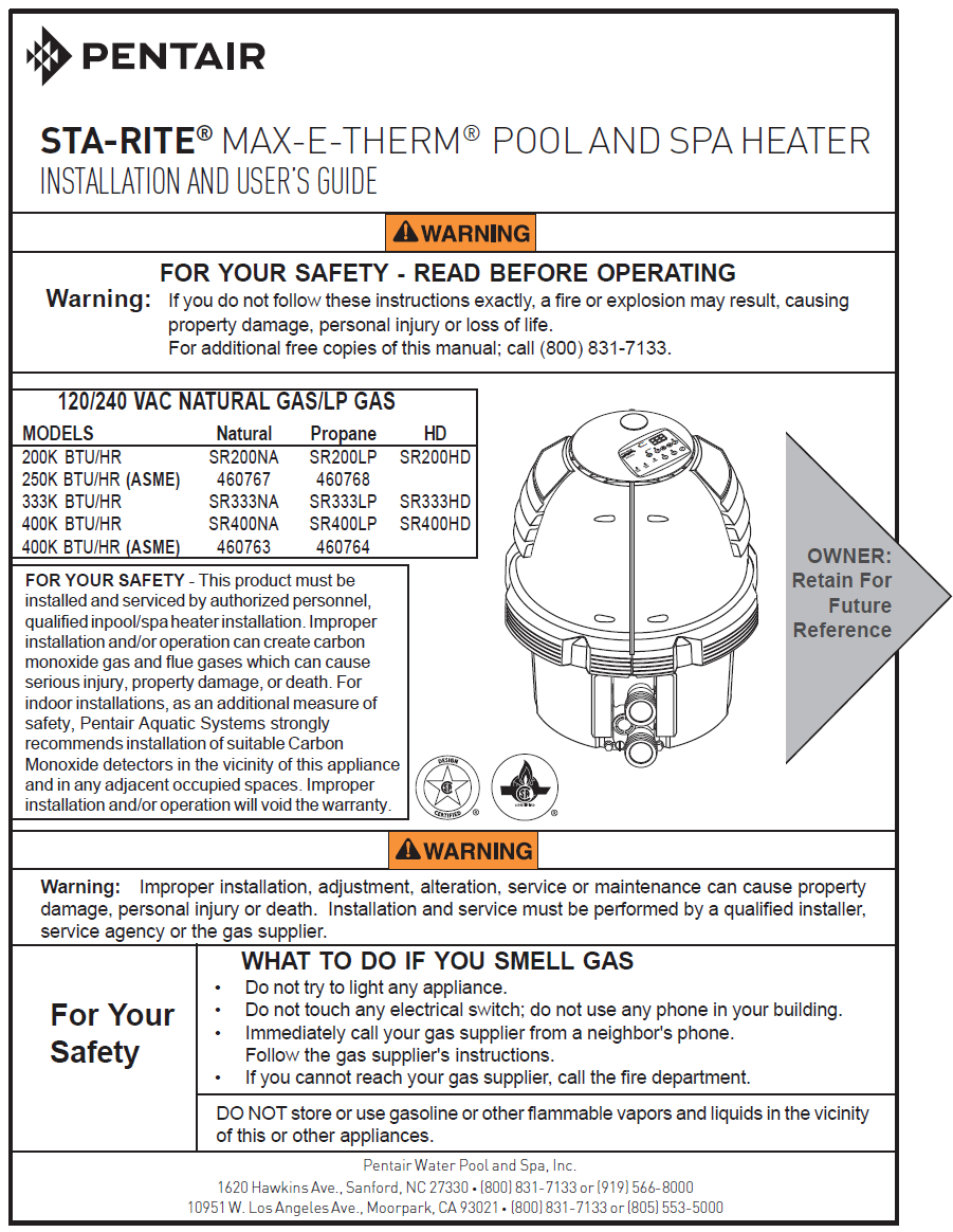 400K Btu Ng IID Cu-Ni Max-E-Therm Low Nox Heater - SR400HD Installation Manual