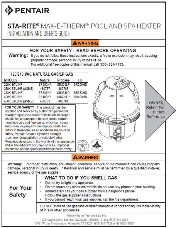 400K Btu Ng IID Cu-Ni Max-E-Therm Low Nox Heater - SR400HD Installation Manual