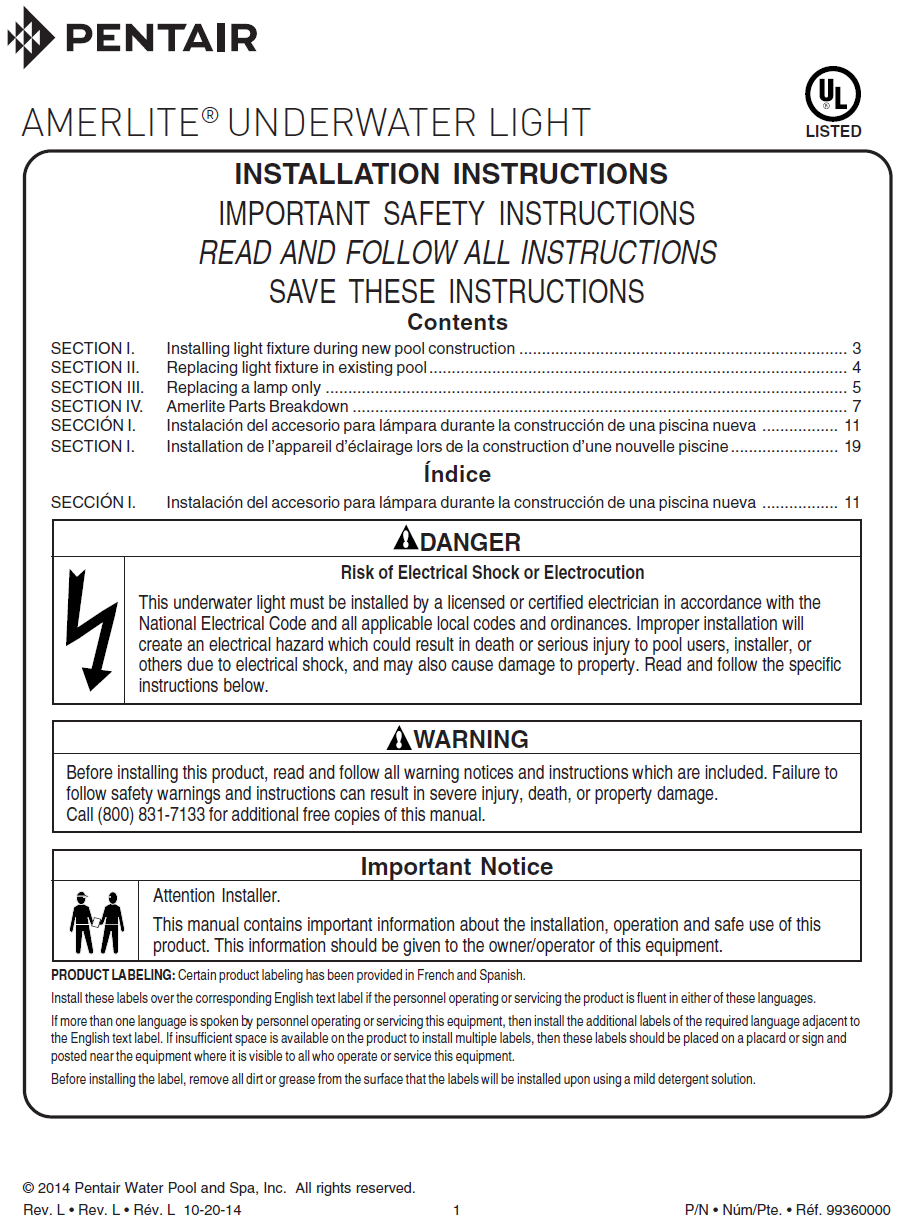 Amerlight 100W 12V 100' Pool Light - 78415100 Installation Manual