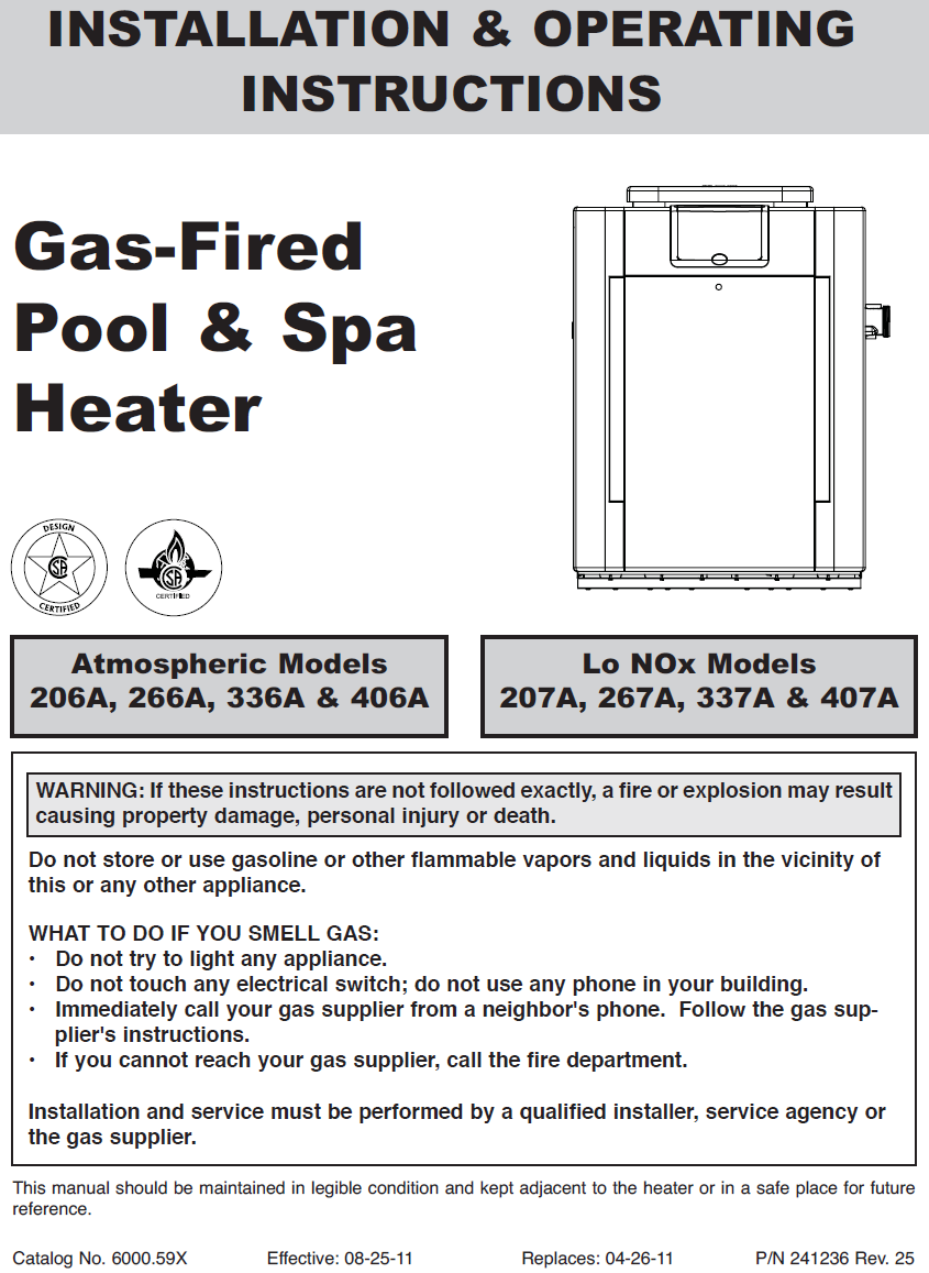 Raypak Digital Natural Gas Pool Heater 399k BTU Electronic Ignition Installation Manual