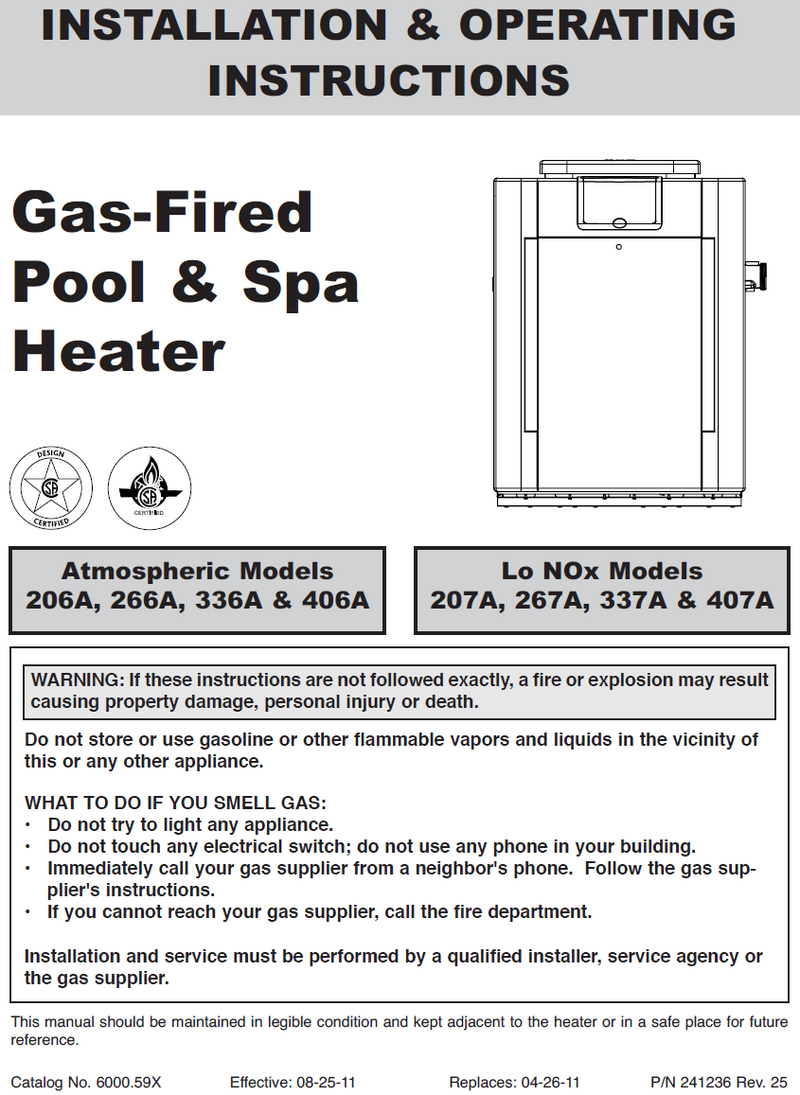 Raypak Digital Natural Gas Pool Heater 399k BTU Electronic Ignition Installation Manual