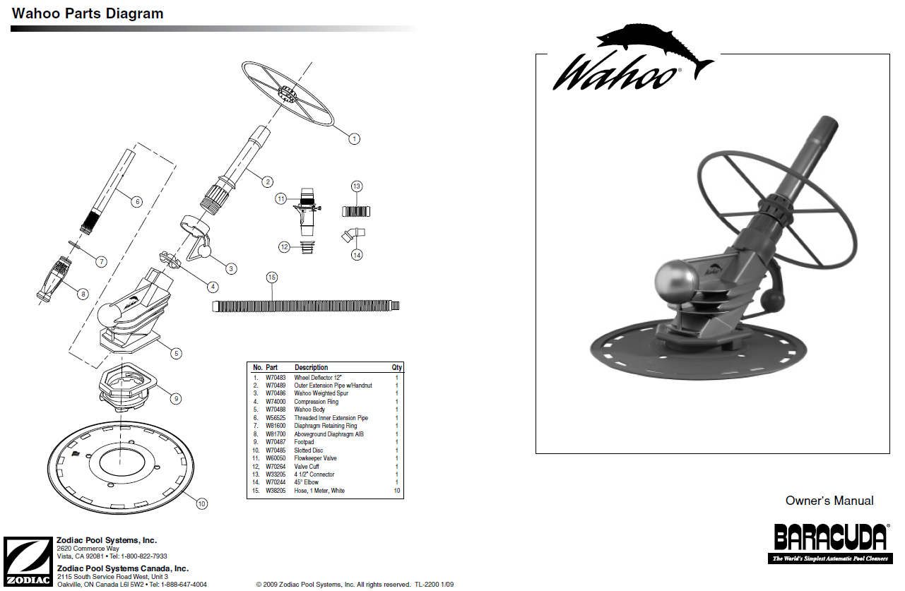 Baracuda® Wahoo Automatic Pool Cleaner - W70482 Owner's Manual