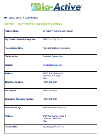 Bio-Active Cyanuric Acid Reducer Safety Data Sheet - SDS - BIO ACTIVE PRODUCTS INC - The Pool Supply Warehouse