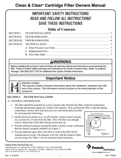 Clean & Clear® Cartridge Filter PDF Owner's Manual - PDF Owner's Manual - PENTAIR WATER POOL AND SPA INC - The Pool Supply Warehouse