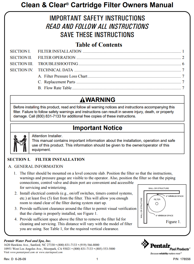 Clean & Clear® Cartridge Filter Owners Manual - CC50/CC75/CC100/CC150/CC200