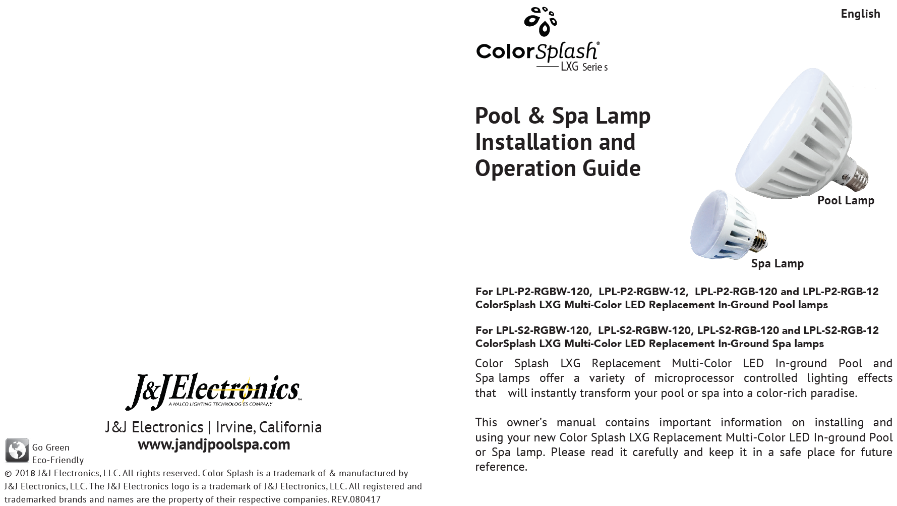 ColorSplash® LXG Multi-Color Pool & Spa Bulb 12V Installation Manual
