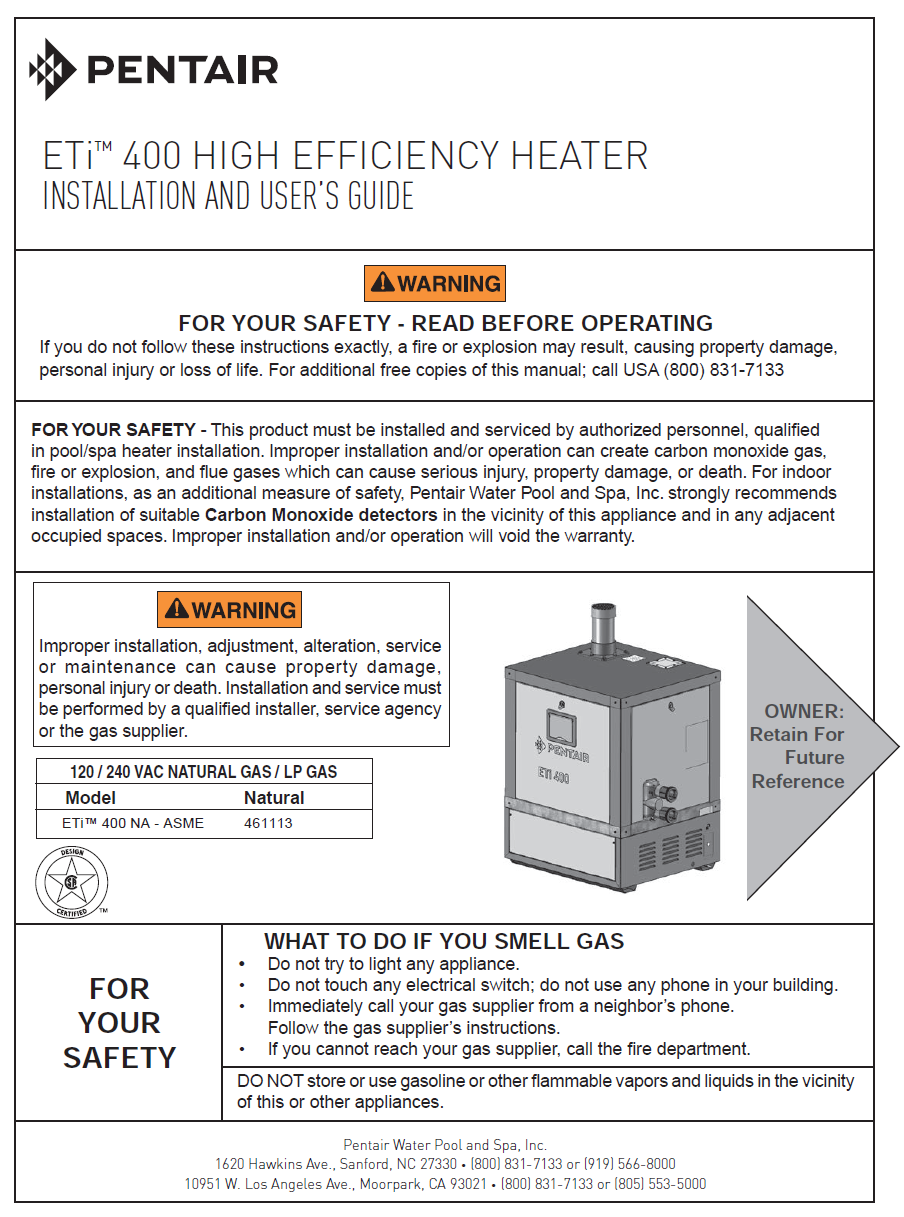 ETI400 400K BTU NG IID ASME 96% EE Pool Heater PUR-15-2001 Installation Manual