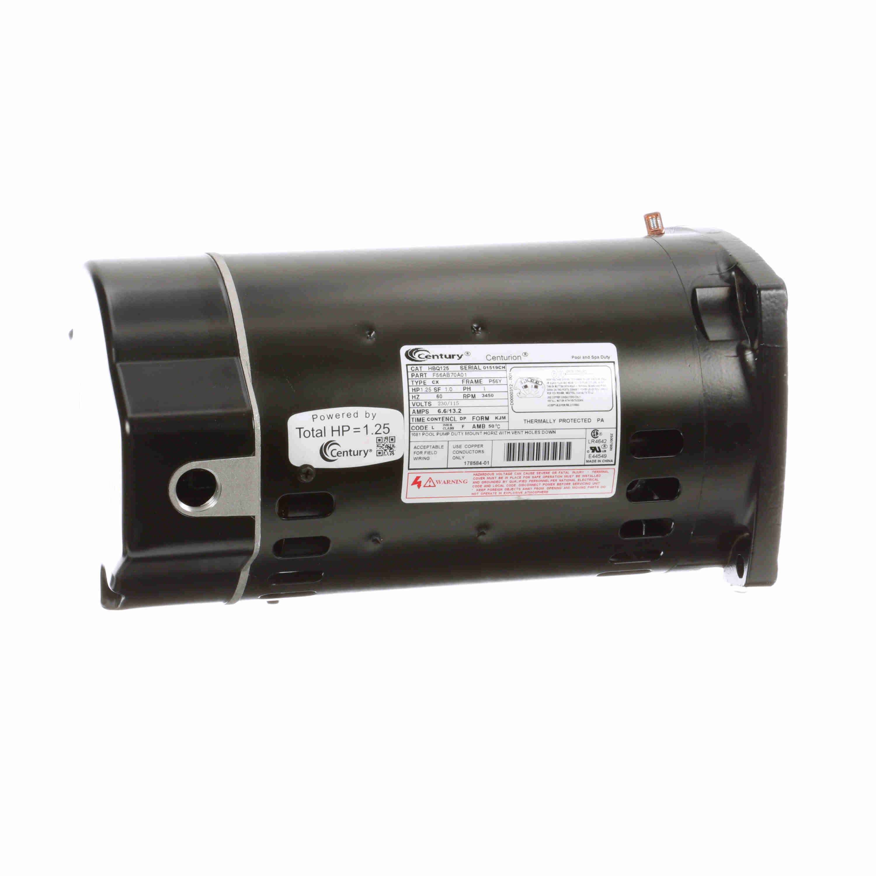 Century 1.25 HP Pool Pump Motor, 1 phase, 3600 RPM, 230/115 V, 56Y Frame, ODP - HBQ125