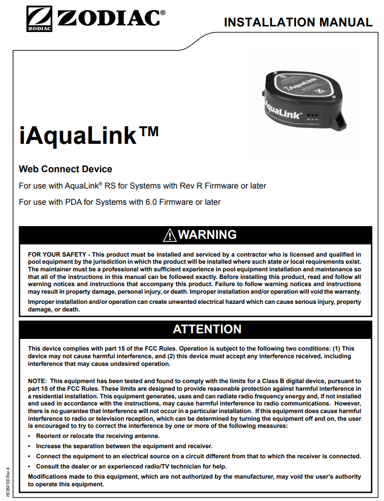 Zodiac Upgrade Kit RS Systems iAquaLink 2.0 PDF Installation Manual - PDF Installation Manual - ZODIAC POOL SYSTEMS INC - The Pool Supply Warehouse