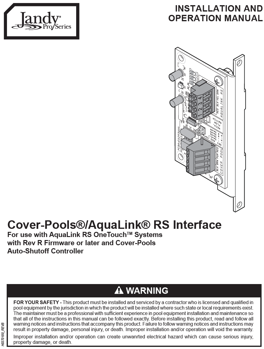 Jandy 7953 AquaLink RS OneTouch Wired White Control Panel Owner's Manual