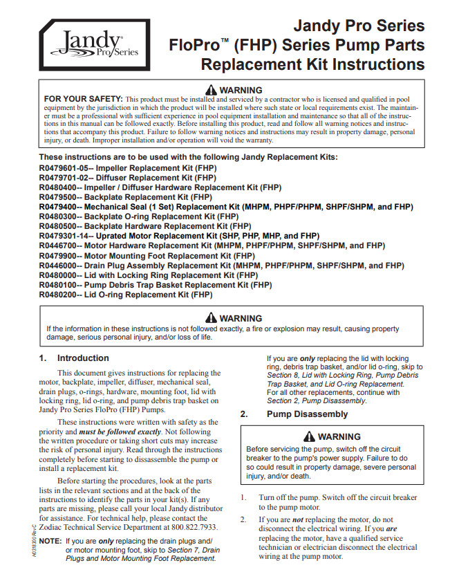 Jandy Pro Series FloPro™ (FHP) Series Pump Parts  Replacement Kit Instructions