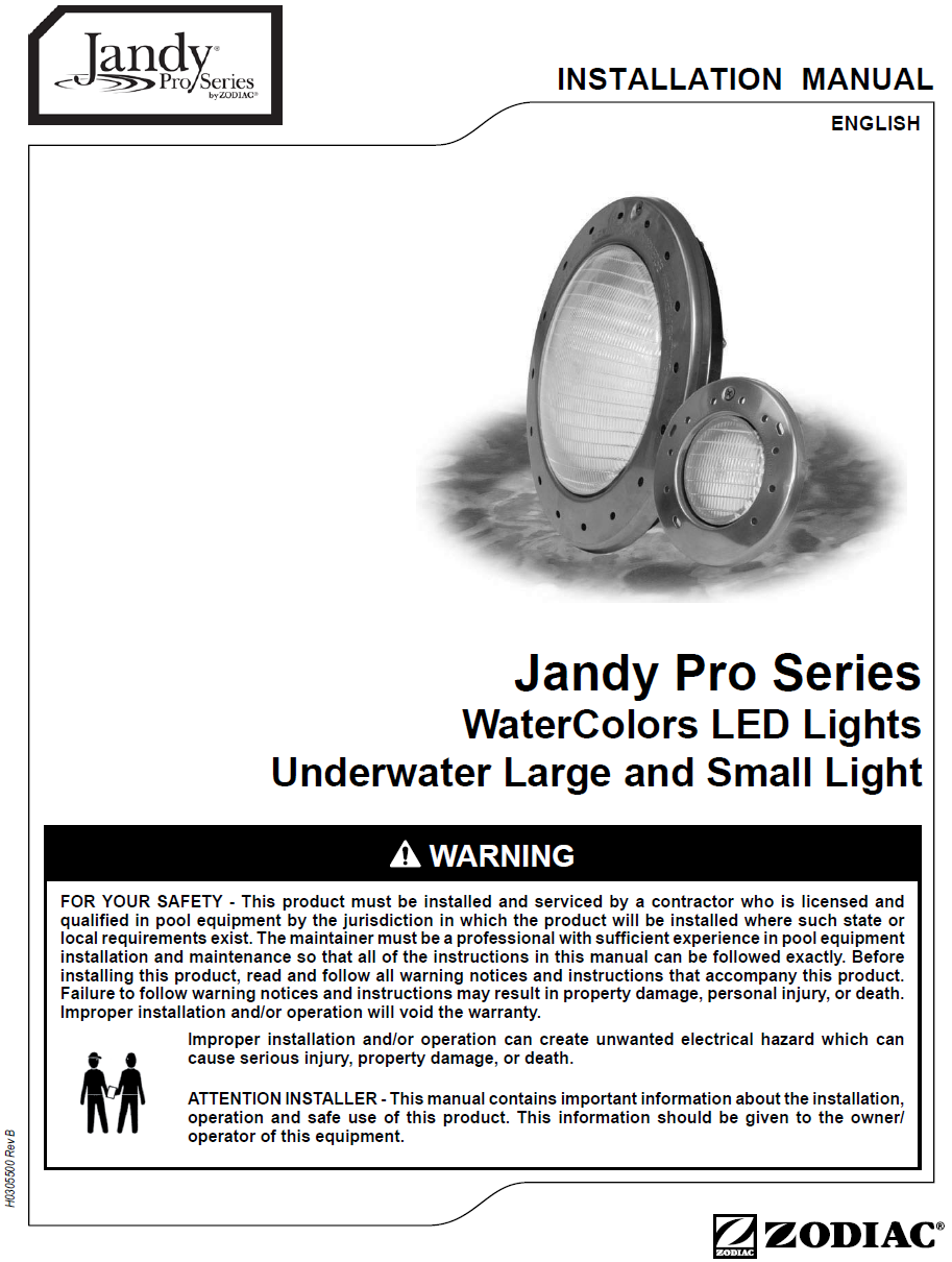Jandy Watercolors LED Pool Light 12V 50W 100' Cord Installation Manual
