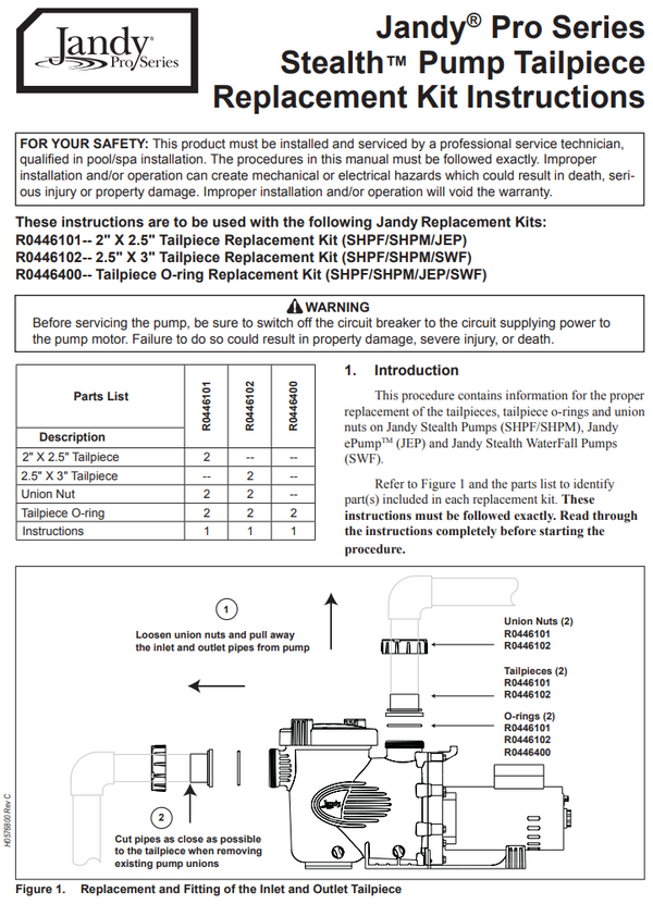 Jandy® Pro Series Stealth™  Pump Tailpiece Replacement Kit PDF Installation Manual
