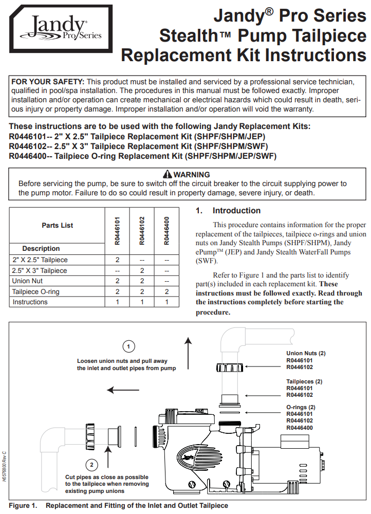 Jandy® Pro Series Stealth™  Pump Tailpiece Replacement Kit PDF Installation Manual