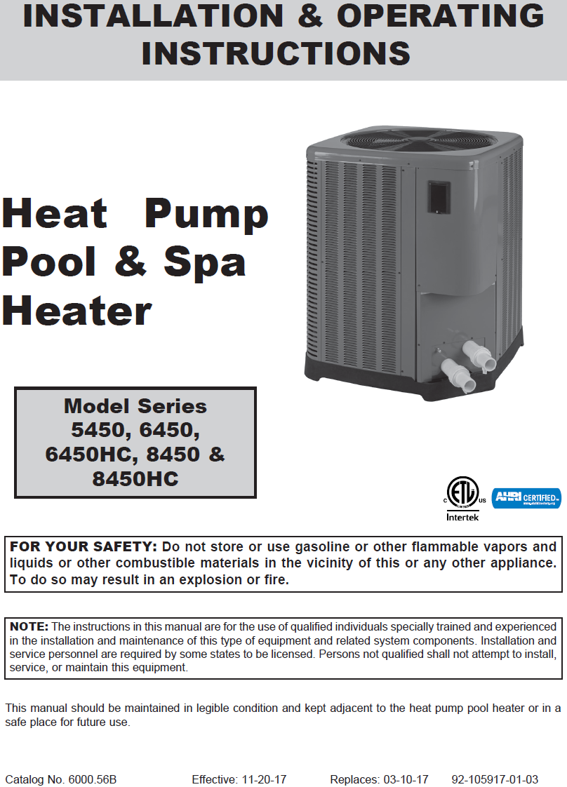 M6450TI-E 119K 208-230V Digital Heat Pump (RHM-15-6017) Installation Manual