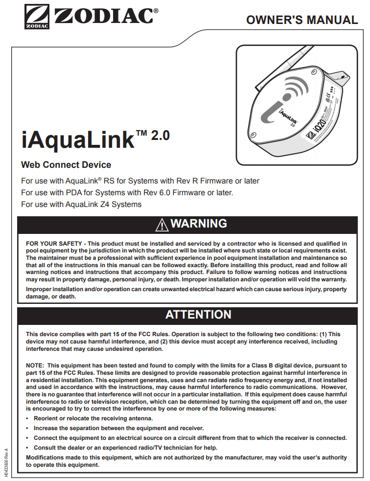 Zodiac Upgrade Kit RS Systems iAquaLink 2.0 PDF Owner's Manual - PDF Owner's Manual - ZODIAC POOL SYSTEMS INC - The Pool Supply Warehouse