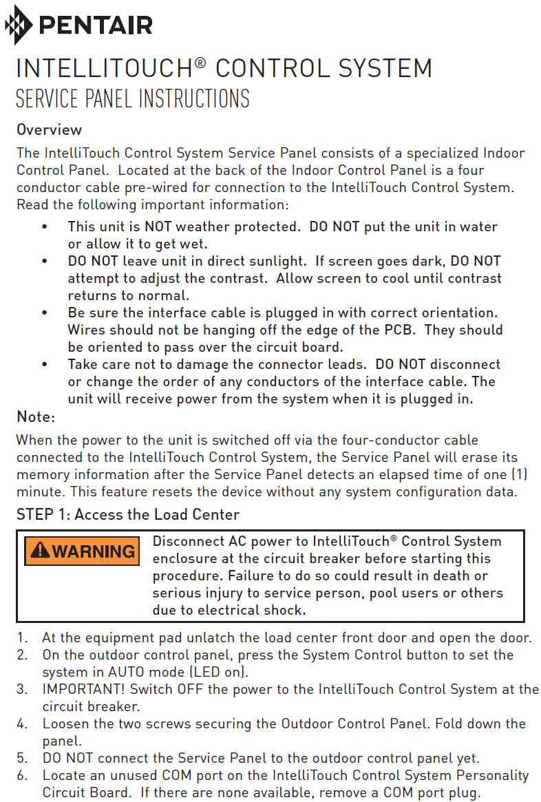 Pentair Compool IntelliTouch Indoor Control Panel - 520138 Installatio
