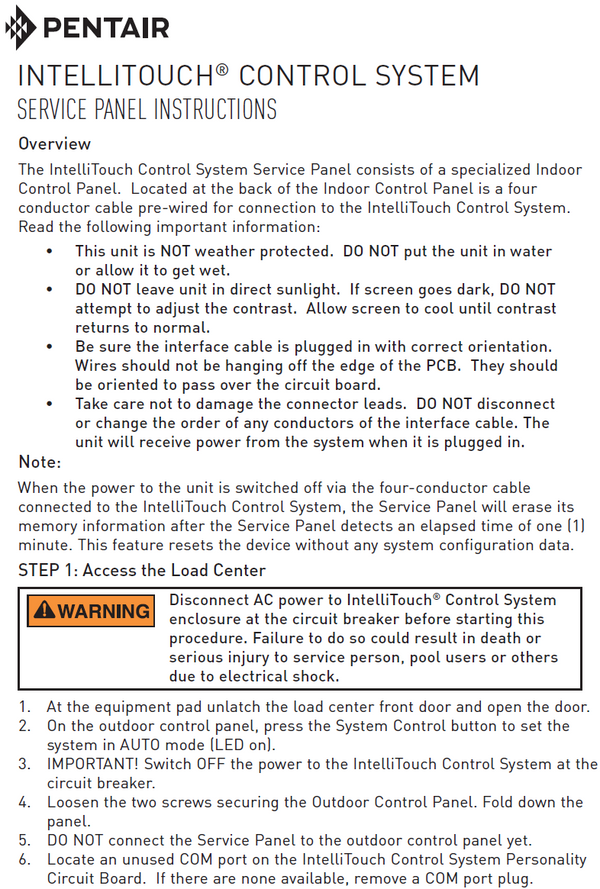 Pentair Compool IntelliTouch Indoor Control Panel - 520138 Installation Manual