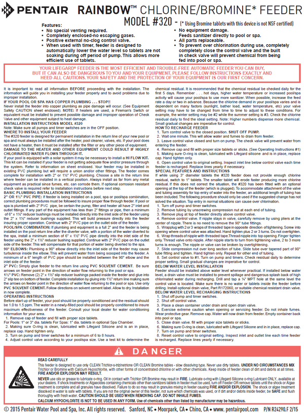 Pentair #320 Inline Chemical Feeder -  R171096 Owner's Manual