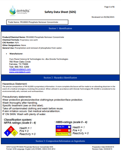 Orenda Phosphate Remover Concentrate SDS - SDS - ORENDA TECHNOLOGIES - The Pool Supply Warehouse