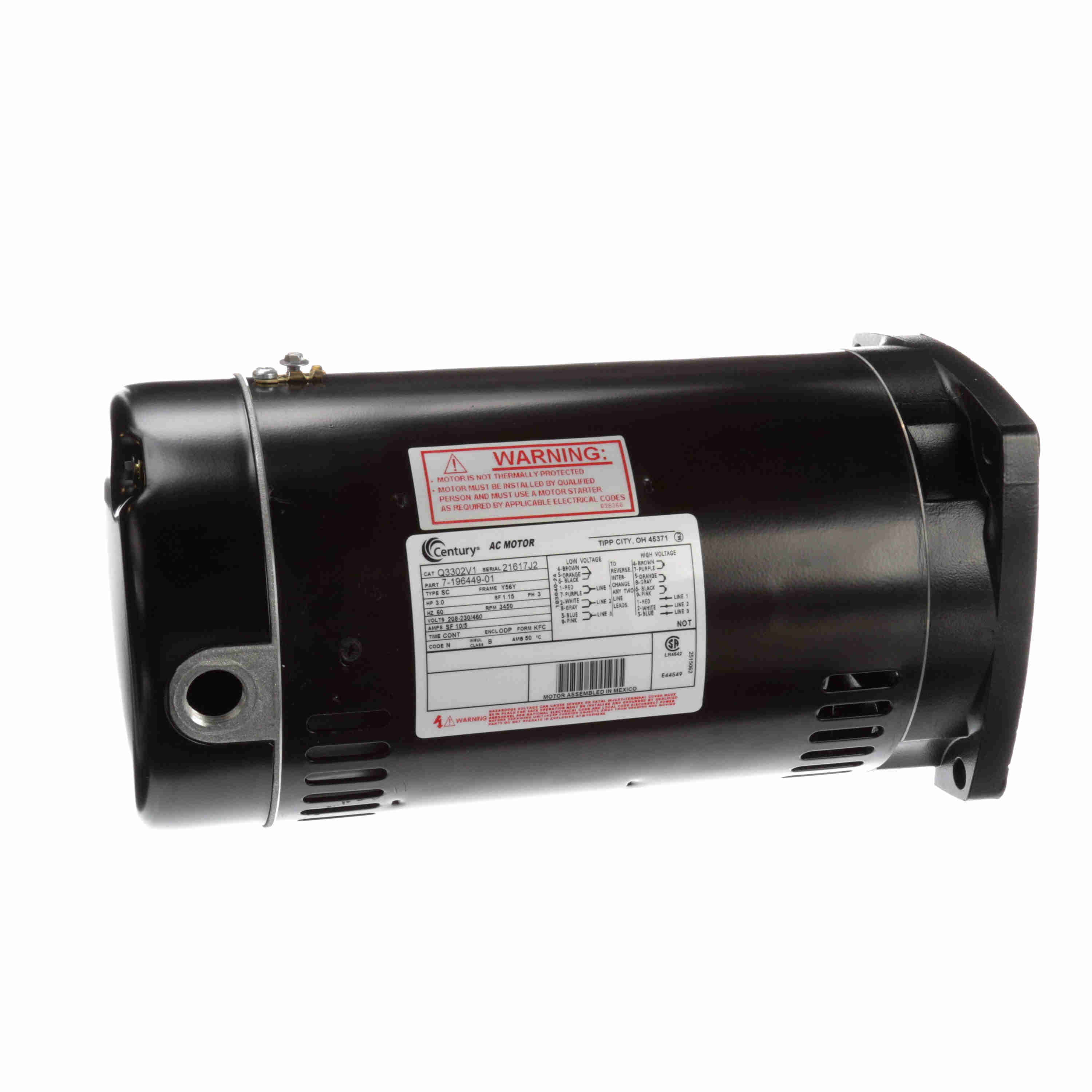 Century Q3302V1 Square Flange 3-Phase Full-Rated Pool and Spa Pump Motor; 3 HP, 3450 RPM, 208-230/460 V, 56Y, Threaded Shaft