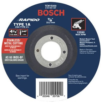 Bosch 4-1/2" 60 Grit Rapido™ Fast Metal/Stainless Cutting Abrasive Wheel - TCW1S450